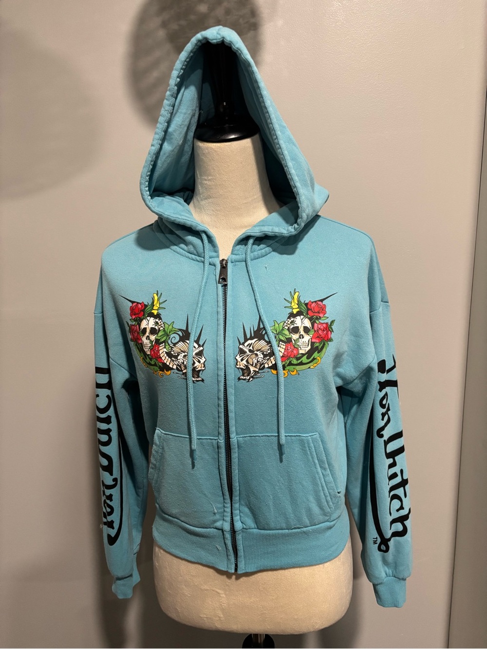 Von Dutch Skull & Rose Light Blue Zip-Up Hoodie Jacket